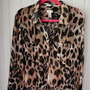 Chico's Cheetah Leopard Print Button Front Top Sz 2  L